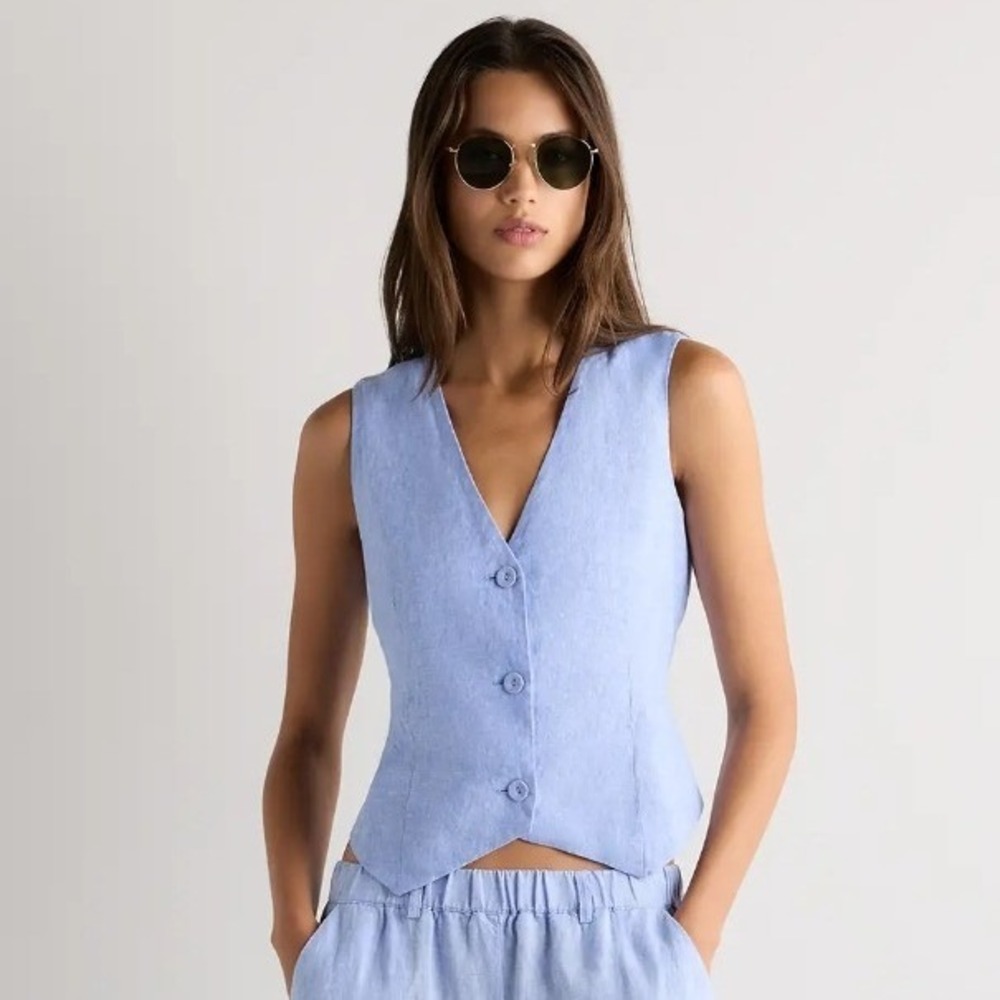 Quince 100% Linen Vest Size L French‎ Blue Tailored Minimalist Quiet Luxury Euro